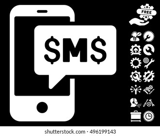 Phone SMS icon with bonus tools pictures. Vector illustration style is flat iconic symbols, white color, black background.