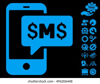 Phone SMS icon with bonus tools pictograph collection. Vector illustration style is flat iconic symbols, blue color, black background.