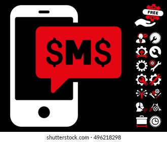Phone SMS icon with bonus tools graphic icons. Vector illustration style is flat iconic bicolor symbols, red and white colors, black background.