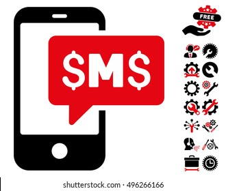 Phone SMS icon with bonus tools graphic icons. Vector illustration style is flat iconic bicolor symbols, intensive red and black colors, white background.