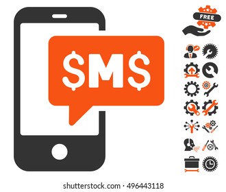 Phone SMS icon with bonus tools pictures. Vector illustration style is flat iconic bicolor symbols, orange and gray colors, white background.