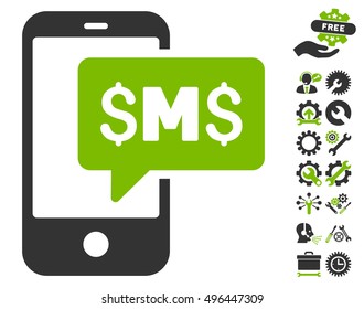 Phone SMS icon with bonus tools symbols. Vector illustration style is flat iconic bicolor symbols, eco green and gray colors, white background.