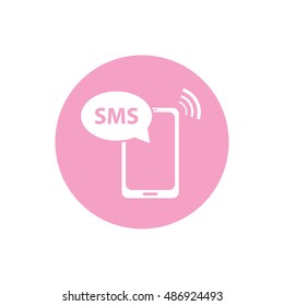Phone SMS icon vector illustration. Pink button. Pink circle