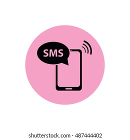 Phone SMS icon vector illustration. Pink button. Pink circle