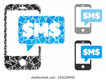 Phone SMS mosaic of irregular elements in different sizes and color tinges, based on phone SMS icon. Vector irregular elements are grouped into mosaic. Phone SMS icons collage with dotted pattern.