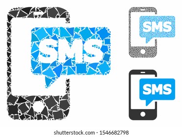 Phone SMS mosaic of tuberous elements in various sizes and color tones, based on phone SMS icon. Vector tuberous elements are combined into mosaic. Phone SMS icons collage with dotted pattern.