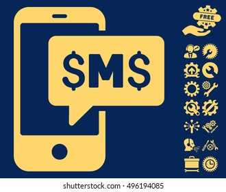 Phone SMS pictograph with bonus tools graphic icons. Vector illustration style is flat iconic symbols, yellow color, blue background.