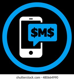 Phone SMS rounded icon. Vector illustration style is flat iconic bicolor symbol, blue and white colors, black background.