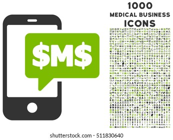Phone SMS vector bicolor icon with 1000 medical business icons. Set style is flat pictograms, eco green and gray colors, white background.