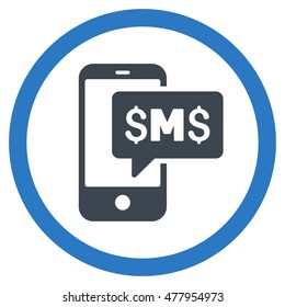 Phone SMS vector bicolor rounded icon. Image style is a flat icon symbol inside a circle, smooth blue colors, white background.