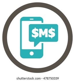Phone SMS vector bicolor rounded icon. Image style is a flat icon symbol inside a circle, grey and cyan colors, white background.