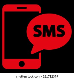 Phone Sms vector icon. Style is flat symbol, red color, rounded angles, black background.