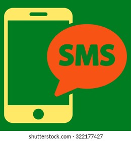 Phone Sms vector icon. Style is bicolor flat symbol, orange and yellow colors, rounded angles, green background.