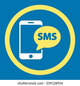 Phone Sms vector icon. Style is bicolor flat rounded symbol, yellow and white colors, rounded angles, blue background.