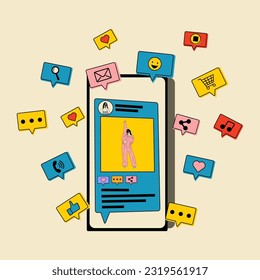 Phone with Social media post, blogging. Influencer blogger girl character. Selfie creative idea. SMM Social profile insta frame young star. Vector illustration in flat style