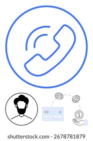 Phone with sound waves, user profile, coins, credit card, hand receiving payment. Ideal for business communication, customer support, contactless payments, financial transactions digital