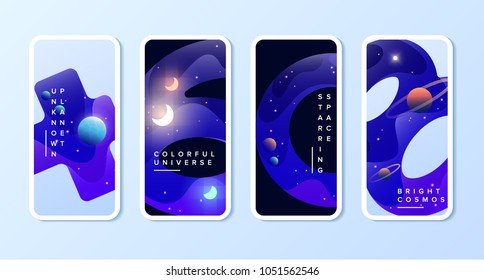 Phone space wallpaper set. Background with planet, stars, comets and moons. Vector illustration. EPS 10