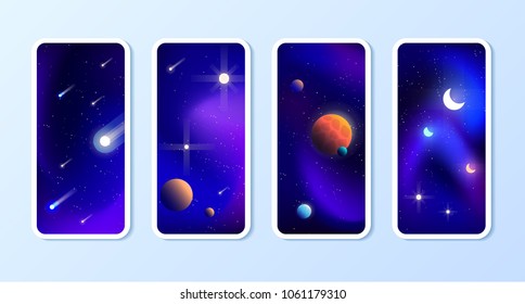 Phone space wallpaper set. Background with planet, stars, comets and moons. Vector illustration. EPS 10