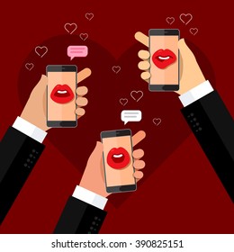 Phone speak concept. Hands holding phone with speaking female mouth on display.