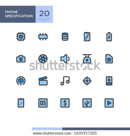 Phone specification icon pack with filled outline style