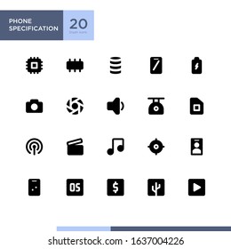 Phone Specification icon set with glyph / solid style