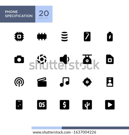 Phone Specification icon set with glyph / solid style
