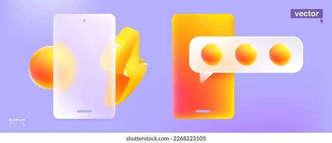 Phone with speech bubble in glassmorphism style. Feedback UI element concept. Flash sale banner template. Vector elements for Cyber Monday, Black Friday advertising pages.