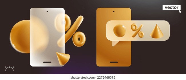 Phone with speech bubble in glassmorphism style with golden percent sign, spheres, and cone. Feedback UI element concept. Flash sale banner template. Vector elements for Black Friday advertising pages