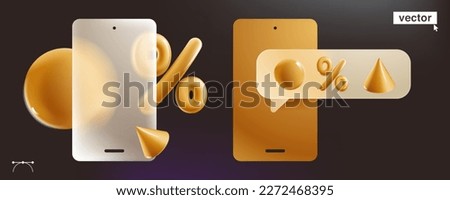 Phone with speech bubble in glassmorphism style with golden percent sign, spheres, and cone. Feedback UI element concept. Flash sale banner template. Vector elements for Black Friday advertising pages