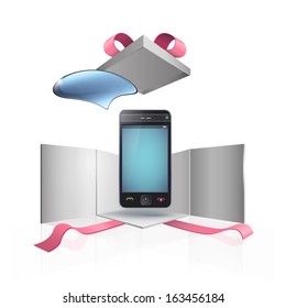 Phone with speech bubble inside gift box. Vector design. 