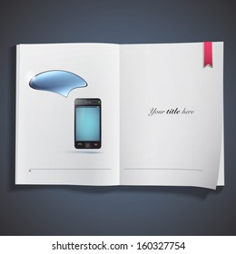 Phone with speech bubble printed on book. Vector design. 