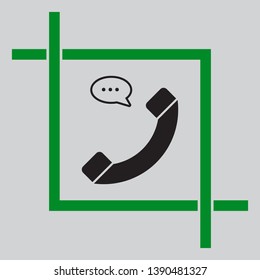 Phone with speech bubble sign. Black icon inside green crop tool at light gray background