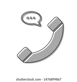 Phone with speech bubble sign. Black line icon with gray shifted flat filled icon on white background. Illustration.
