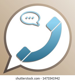 Phone with speech bubble sign. Bright cerulean icon in white speech balloon at pale taupe background. Illustration.