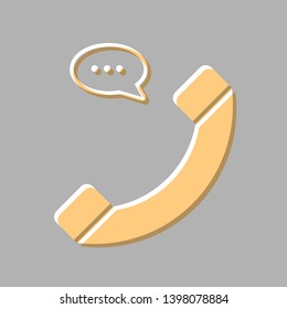 Phone with speech bubble sign. Emboss effect with light orange icon on gray background.