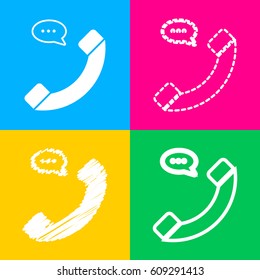 Phone with speech bubble sign. Four styles of icon on four color squares.