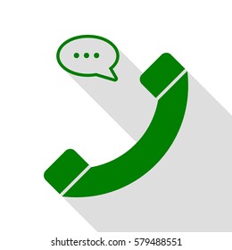 Phone with speech bubble sign. Green icon with flat style shadow path.