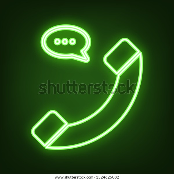 Phone with speech bubble sign.\
Green neon icon in the dark. Blurred lightening.\
Illustration.