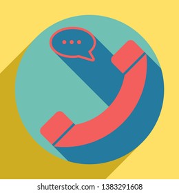 Phone with speech bubble sign. Sunset orange icon with llapis lazuli shadow inside medium aquamarine circle with different goldenrod shadow at royal yellow background.
