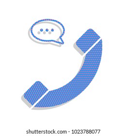 Phone with speech bubble sign. Vector. Neon blue icon with cyclamen polka dots pattern with light gray shadow on white background. Isolated.