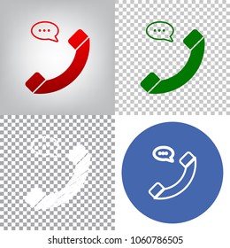 Phone with speech bubble sign. Vector. 4 styles. Red gradient in radial lighted background, green flat and gray scribble icons on transparent and linear one in blue circle.