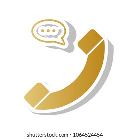 Phone with speech bubble sign. Vector. Golden gradient icon with white contour and rotated gray shadow at white background.