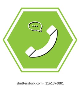 Phone with speech bubble sign. Vector. White icon with black shadow at yellow green honeycomb on white background.