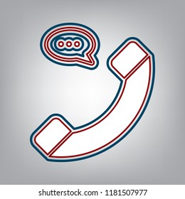 Phone with speech bubble sign. Vector. Dark red, transparent and midnight green stroke of white icon at grayish background.