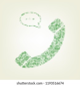 Phone with speech bubble sign. Vector. Green hexagon rastered icon and noised opacity and size at light green background with central light.