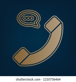 Phone with speech bubble sign. Vector. Golden icon and border at dark cyan background.