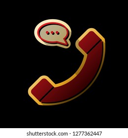 Phone with speech bubble sign. Vector. Red icon with small black and limitless shadows at golden sticker on black background.