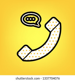 Phone with speech bubble sign. Vector. Yellow polka dot white icon with black contour at warm yellow background.