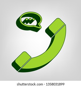 Phone with speech bubble sign. Vector. Yellow green solid icon with dark green external body at light colored background.