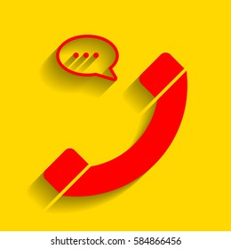 Phone with speech bubble sign. Vector. Red icon with soft shadow on golden background.